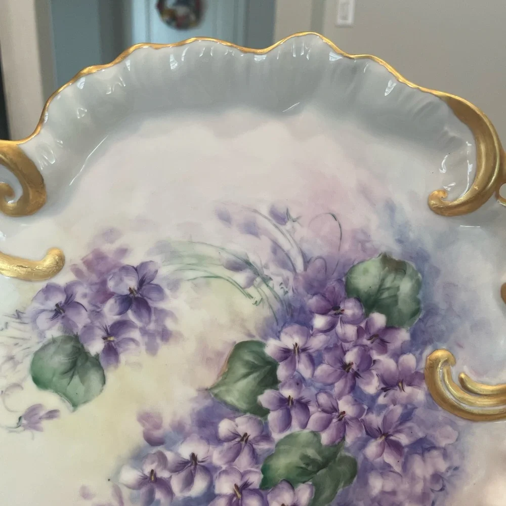 Art Nouveau 14in Hand Painted Vanity Plate Hydrangea Flowers W/gold Trim # G893W